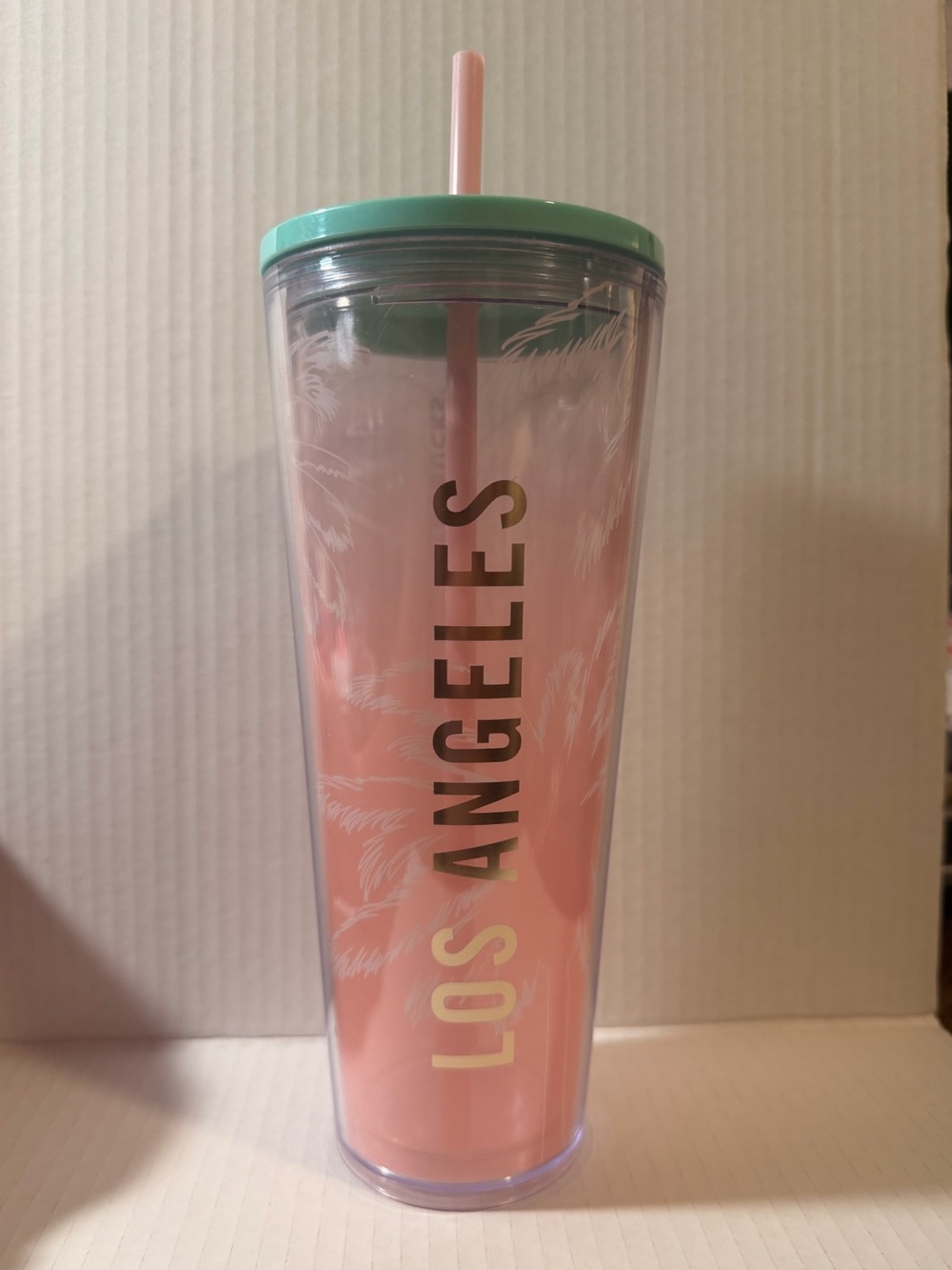 Starbucks Pink Tumbler with Mint Lid and Gold Lettering